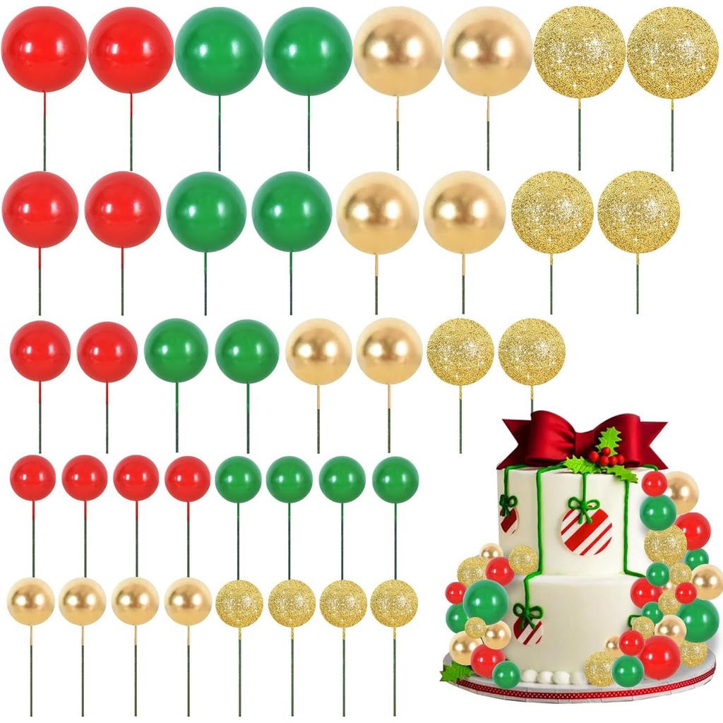 40pcs Mini Balls Cake Decorations Red Green Gold Silver Sticks Foam Balls DIY Cake Topper for Baking Christmas Party Decorations