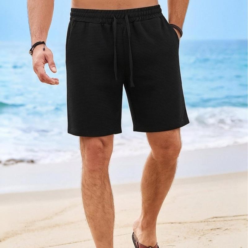 Mens Waffle Solid Color Drawstring Casual Shorts