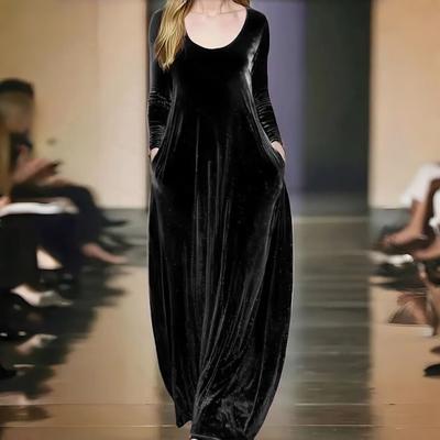 LYRIA Ősz/Tél Bársony Hosszú Ruha Kerek Nyakú Hosszú Ujjú Nagy Bemutató Elegáns Bársony Ruha