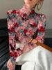Women's cheongsam collar long-sleeved T-shirt, regular version, three-dimensional red flower design, spring and autumn collection
