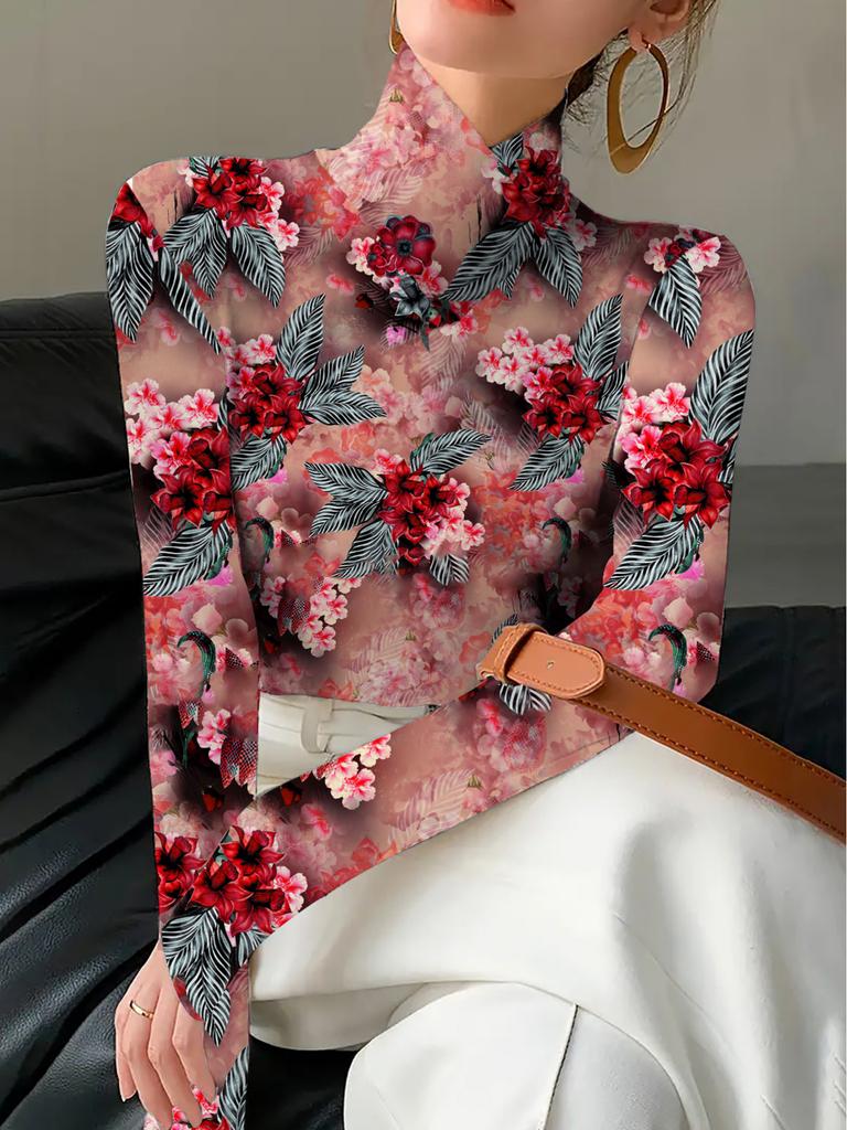 Women's cheongsam collar long-sleeved T-shirt, regular version, three-dimensional red flower design, spring and autumn collection