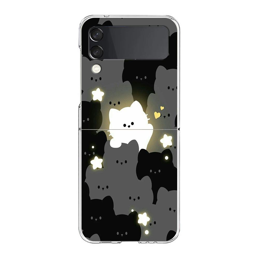 Phone Cover For Samsung Galaxy Z Flip 6 5 4 Case Transparent For Samsung Z Flip 3 Hard PC Foldable Bags Cartoon Black Cat Couple