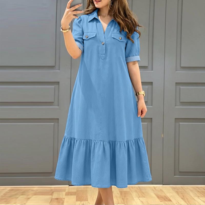 ZANZEA Damen Lässiges Einfarbiges Lockeres Kleid mit Umlegekragen und Halblangen Ärmeln