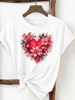 (Asiatisk storlek) Damkläder T-shirt kärlekshjärta blomma trend Kvinna Tryck T-shirt Topp Mode Kvinna Kortärmad Grafiska T-shirts