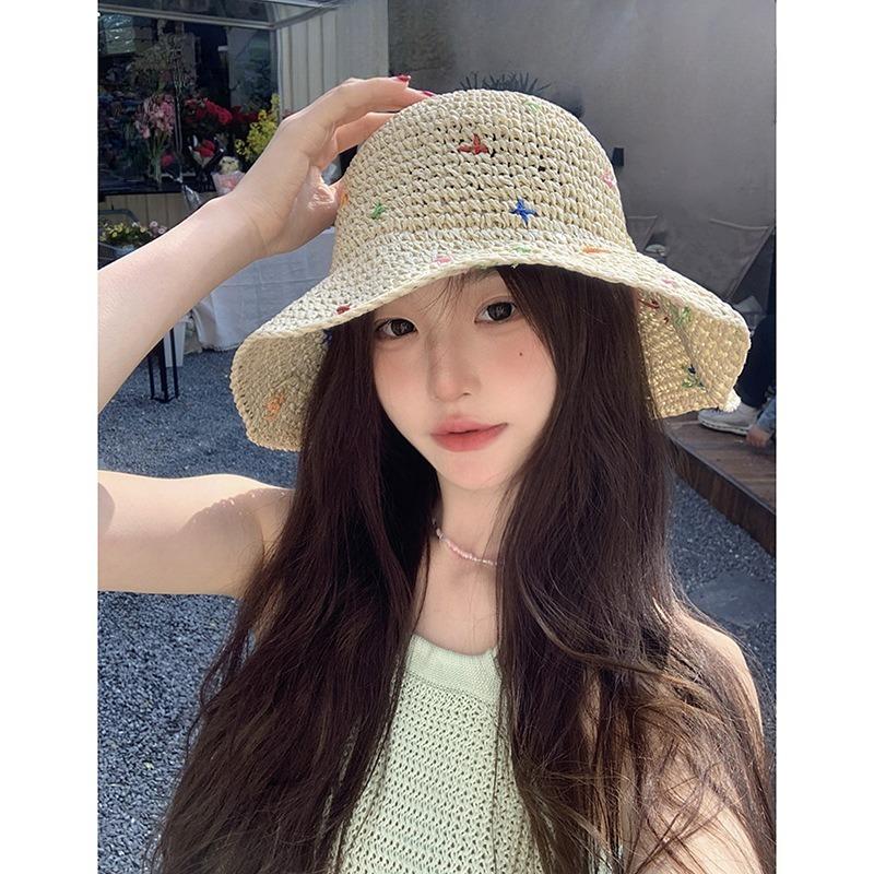 Women Woven Straw Hat 2026 New Summer Seaside Beach Crochet Sun Protection Hat Wide Brimmed Colorful Sweet Sun Hat for Ladies
