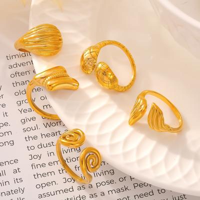 Retro Threaded Open Ring Creative Personality Design Adjustable Titanium Steel Plated 18K Gold Jewelry