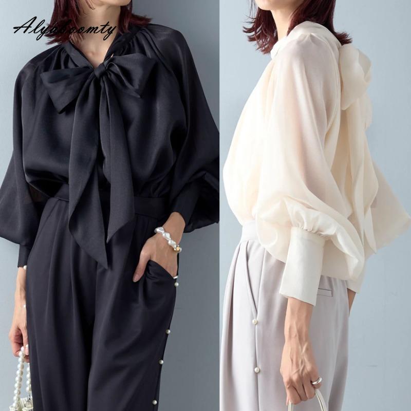 Korean Fashion Spring Autumn Women Stylish Blouse Bow Collar Apricot Black Lantern Sleeve Office Lady Shirt Elegant Ladies' Feminine Shirt