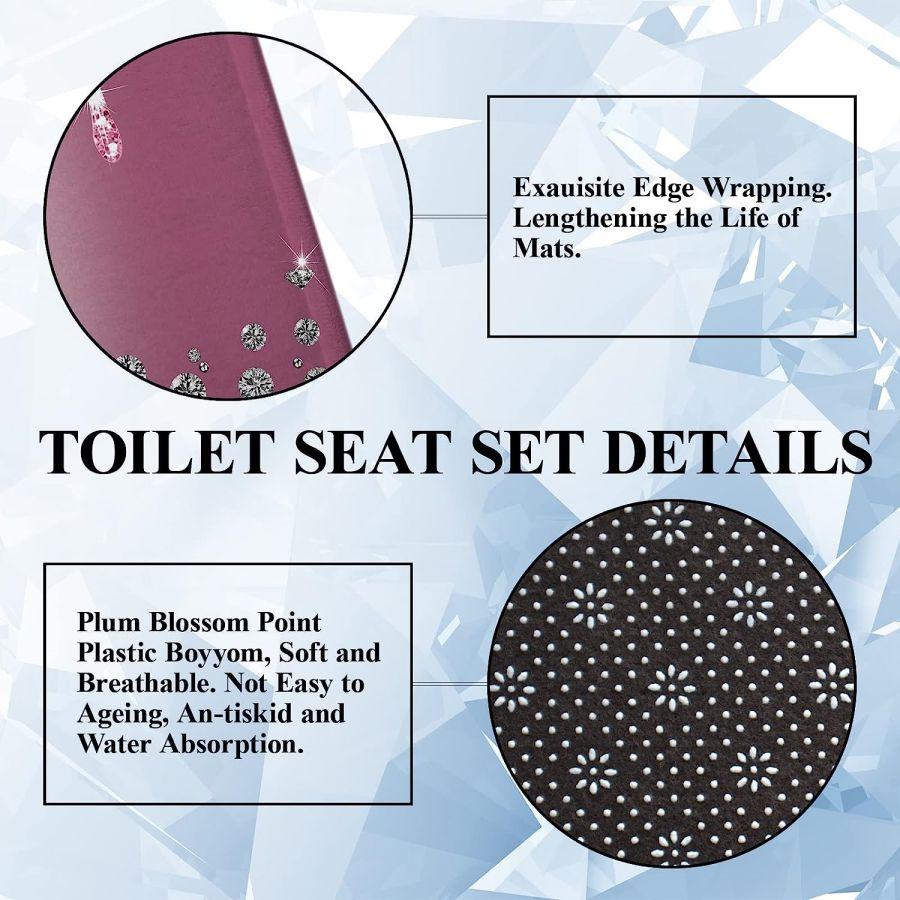 4Pcs Sparkling Diamond Shower Curtain Set, Shiny Bathroom Trim, Carpet And Toilet Seat,Burgundy Luxury Textured Colorful