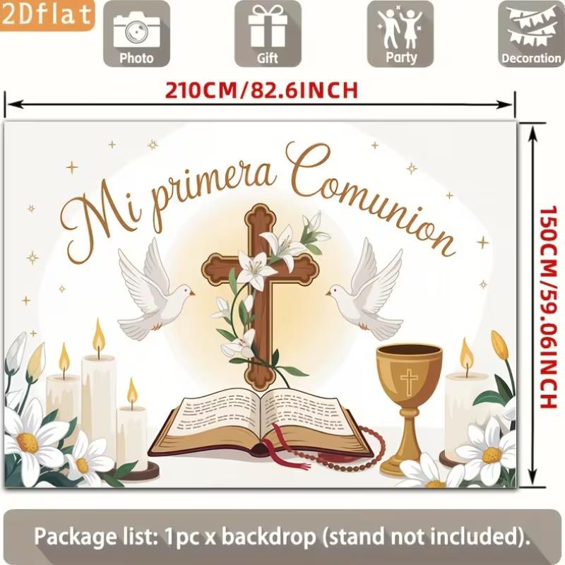 2D Weißgold Meine Erste Kommunion Hintergrund Kreuz Kerze & Lilie Religiöser Partyhintergrund