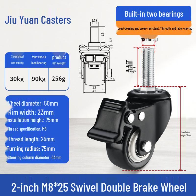 Black Heavy-Duty Swivel Casters with Brakes for Furniture, Cabinets & Industrial Use, Double Bearing Wheels