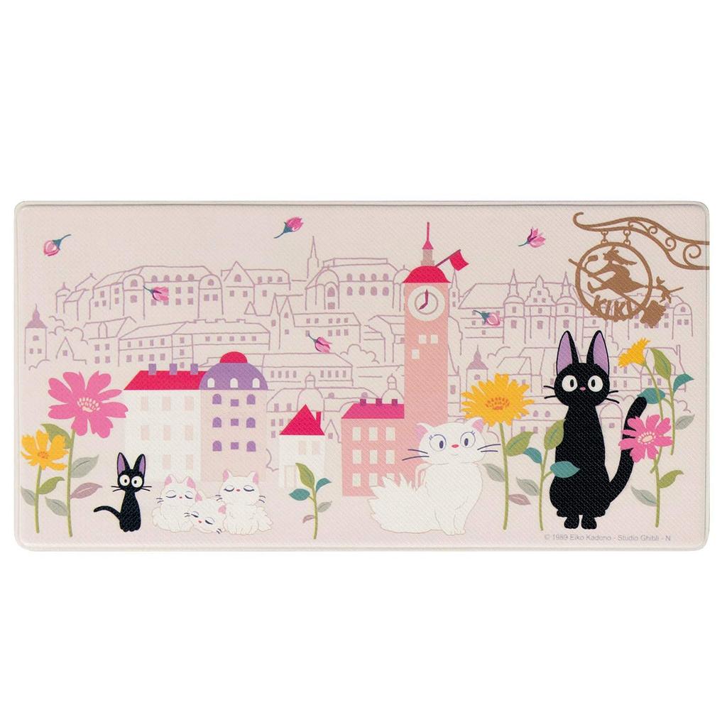Senko Delivery Service Flower Town Wipeable PVC Kitchen 45 X Character Ghibli 60606 Kiki's Mat, Approx. 90cm, Pink, Jiji, Cat, Design,