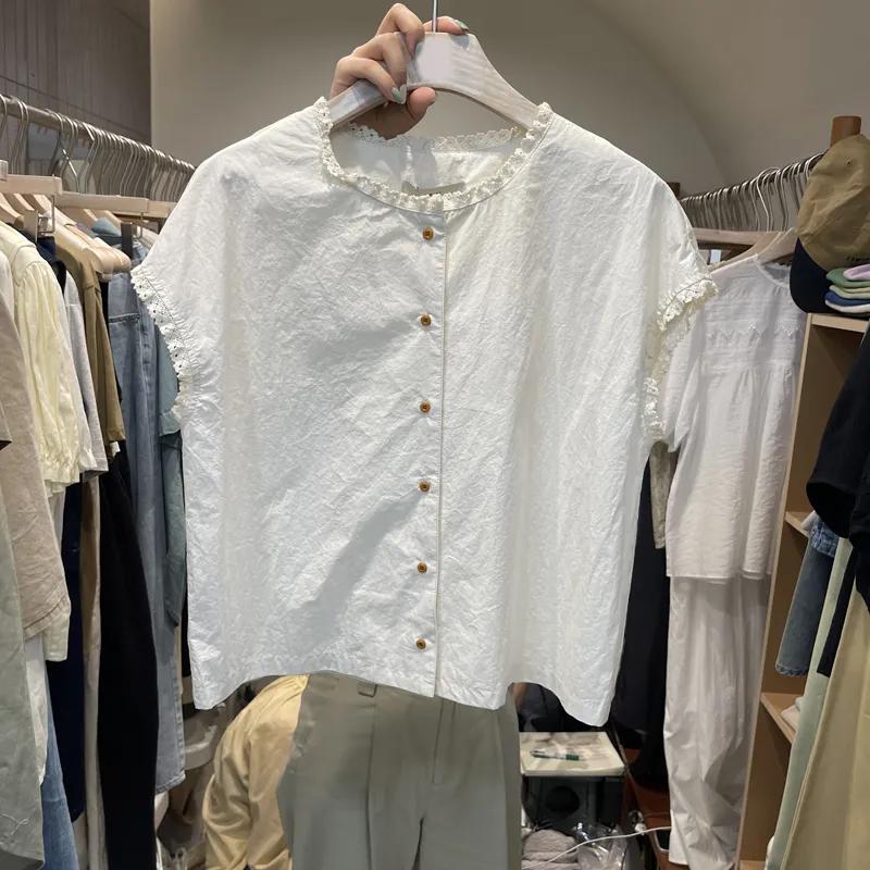 

Women s White Lace Trim Crew Neck Blouse Casual Loose Fit Button Down Short Sleeve Top S