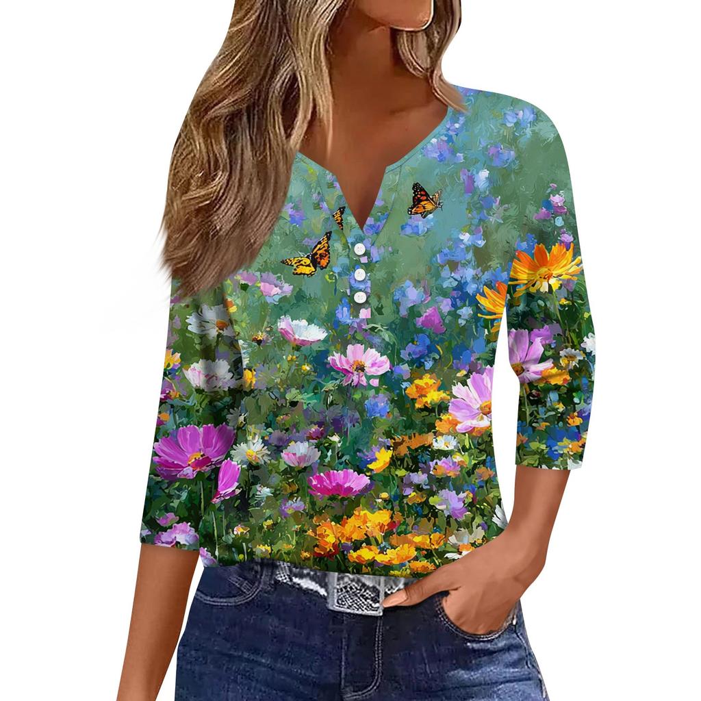 3/4 Length Sleeve Women's Tops Print Vintage Fashion Casual Loose With V Neck Plus Size Shirts Tops