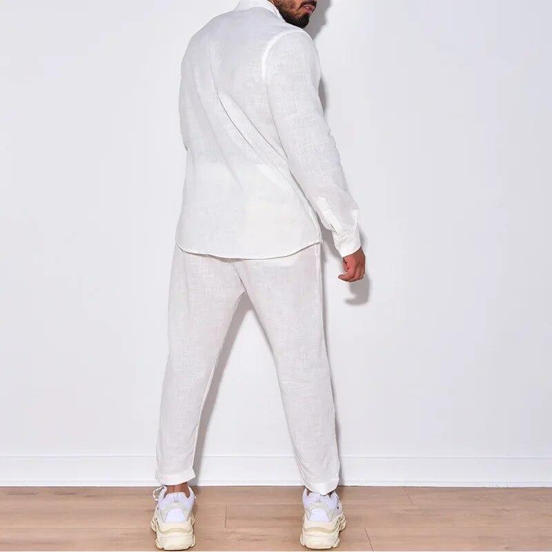 Mens Sets Linen Spring Autumn Leisure Suit Long Sleeve Shirts and Trousers Two Piece Sets Fashion Men Clothing