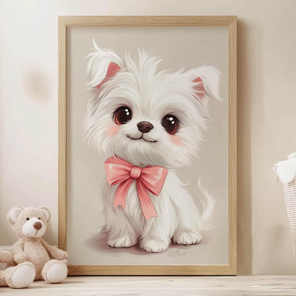 Plakat Uroczy Piesek W Różowej Muszce Plakat Uroczy Piesek W Różowej Muszce, 50X70 Cm, Rama Aluminiowa Czarna, Papier Matowy 230 Gsm
