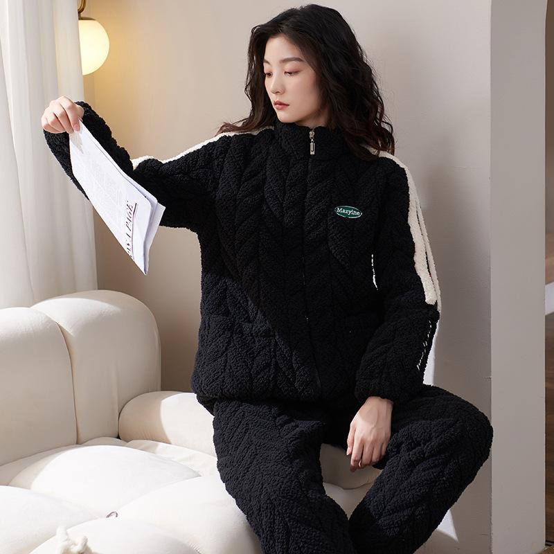 Coral Velvet Quilted Pajamas Women's Winter Three Layer Thick and Fleece Home Wear Women's Winter Flannel Thermal Set