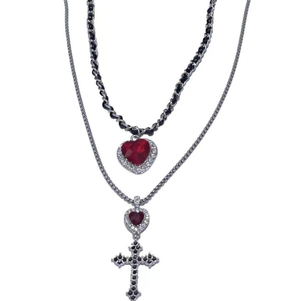 Punk Grunge Red Heart Crystal Cross Pendant Double Layer Silver Color Chain Necklace for Women Gothic Y2k Aesthetic Jewelry Gift