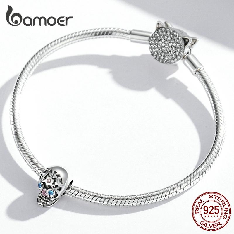 BAMOER 925 Sterling Silver Halloween Blue and Pink Zircon Pattern Skull Charm Beads for Women Fine Jewelry