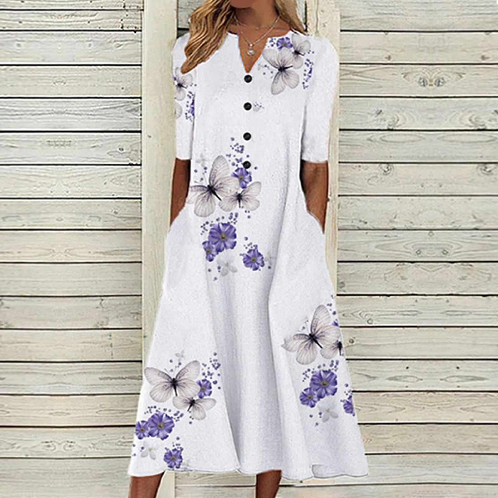 

Женское платье миди с короткими рукавами и цветочным принтом бабочки, повседневное длинное пляжное платье с v-образным вырезом и карманами на пуговицах XL белый