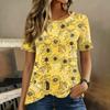 Damen Kurzarm Rundhals Oberteil Blumenprint Knopfdetail Lässiges T-Shirt Bluse Leichter Weicher Stoff Patchwork Design