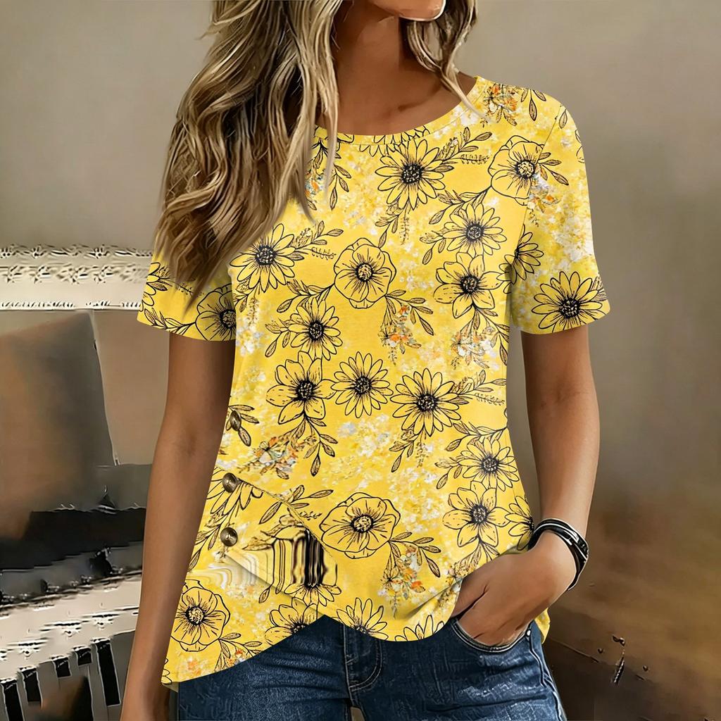 Damen Kurzarm Rundhals Oberteil Blumenprint Knopfdetail Lässiges T-Shirt Bluse Leichter Weicher Stoff Patchwork Design