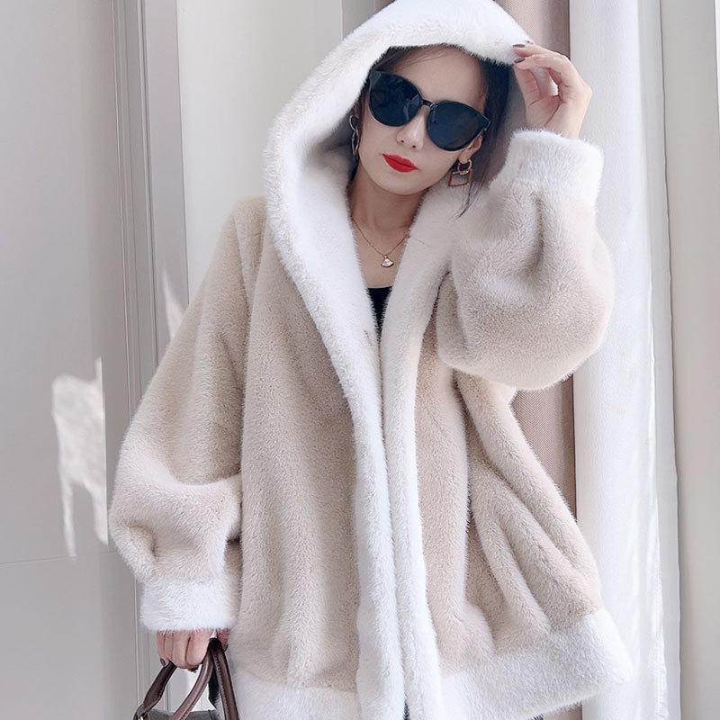 Kapuzenjacke aus kontrastfarbenem Nerz-Fleece-Pelzimitat für Damen mit integriertem, lockerem, dickem, warmem, langärmeligem Pelzmantel