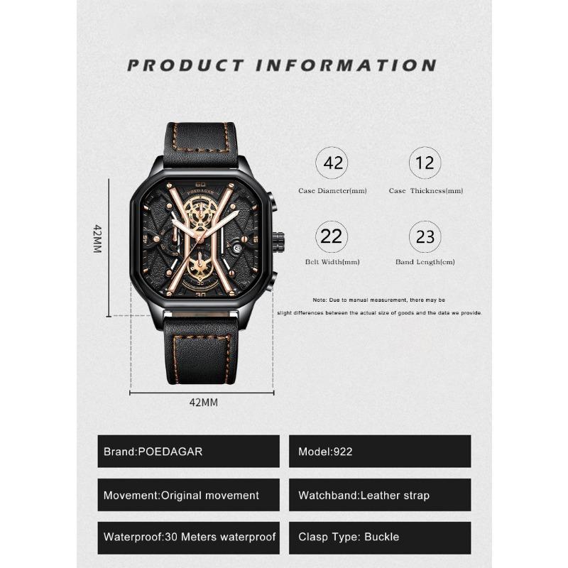 POEDAGAR Fashion Men Wristwatches Luxury Chronograph Luminous Waterproof Date Watch Square Dial Leather Quartz Watches