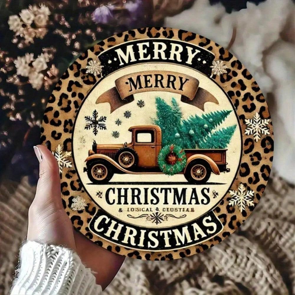 Landhausstil Runde Metallblechschild 8x8 Zoll Weihnachts-Kranz Leopard LKW Wand Tür Haus Bar Dekor