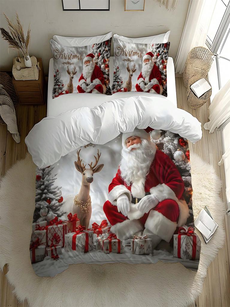 2/3pcs Christmas Tree, Gift, Snowflake, Deer, Santa Claus Pattern Digital Printing Brushed Duvet Cover Set, Soft & Comfortable