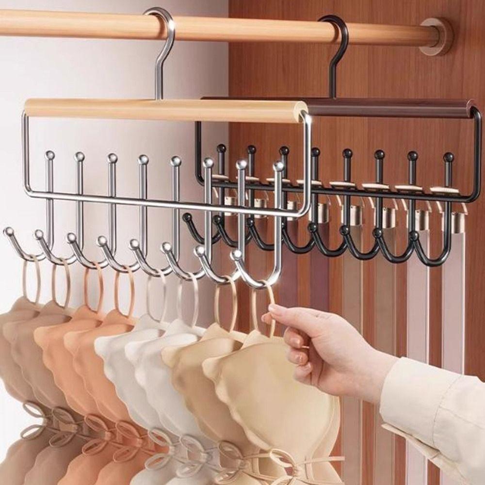 2 Pieces 16 Hook Wooden Clothes Drying Rack Anti-slip Rotatable Underwear Vest Storage Rack Large Capacity Space Saving