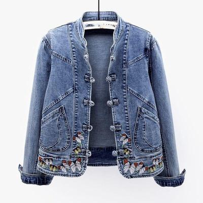 Women Retro Denim Jacket Elegant Chinese Style Denim Coat with Embroidery for Women Slim Fit Long Sleeve Jacket with Turn-down
