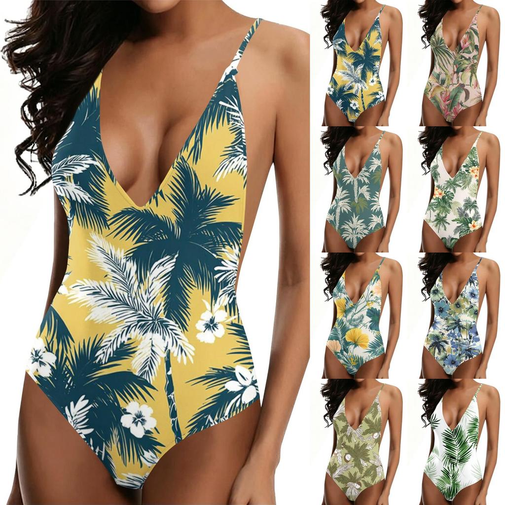 Women Swimsuit Printed Deep V Neck Adjustable Straps Backless Bathing Suit for Swimming Beach Pool