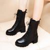 Autumn Winter Black Leather Fleece-Lined Women'S Half High Boots  New Platform High Heels Lace-Up Ladies Mid Calf Shoes