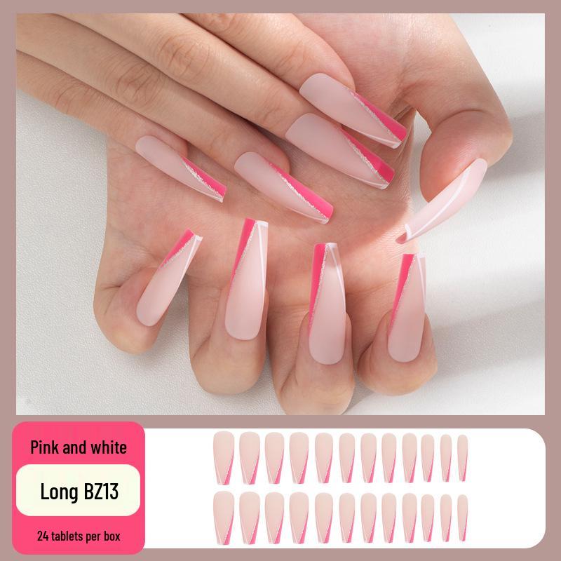 

European & American Style Long Trapezoid Press-On French Nails, 24-Pack - Removable Finished Nail Art. Glue Type