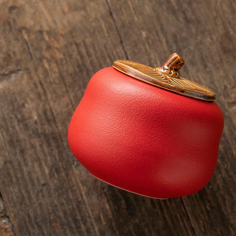 Chinese Persimmon Ceramic Tea Caddy Red Wedding Tea Jar Sealed Container Travel Tea Box Coffee Spice Candy Storage Tank Teaware