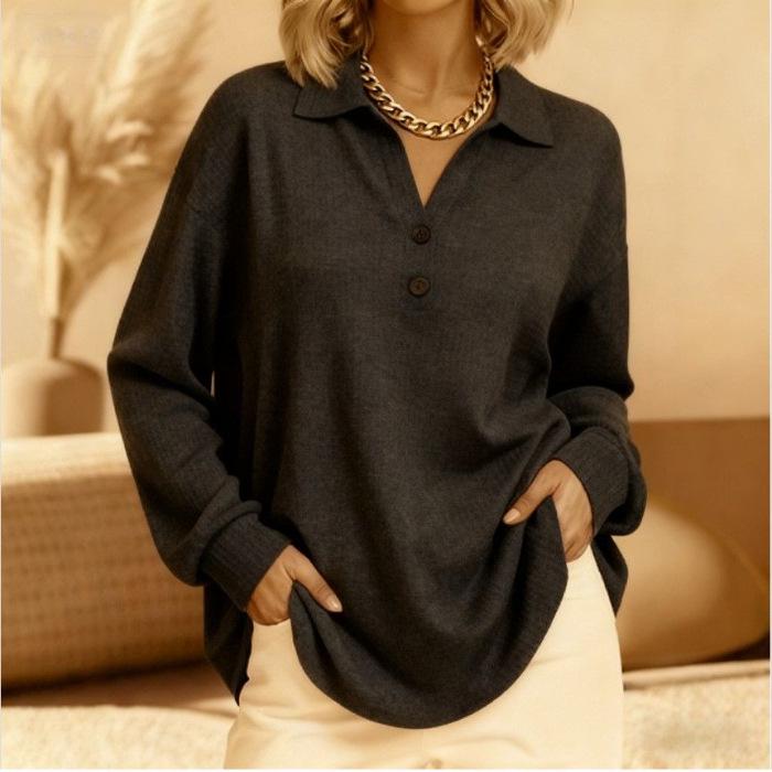 2026 Women's Gray Knit Top with Button Collar Decoration - White Tone