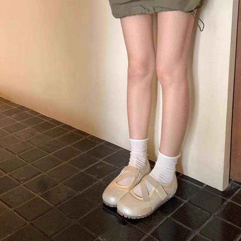 Ugly cute Velcro single shoes women's summer new cross-strap flat-bottomed breathable Mary Jane shoes