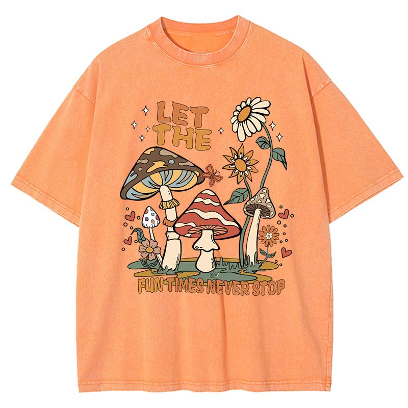 Fun Times Never Stop Mushroom Sunflower Print Washed Womens T-Shirt Loose T Shirts Summer Cotton Streetwear Clothes