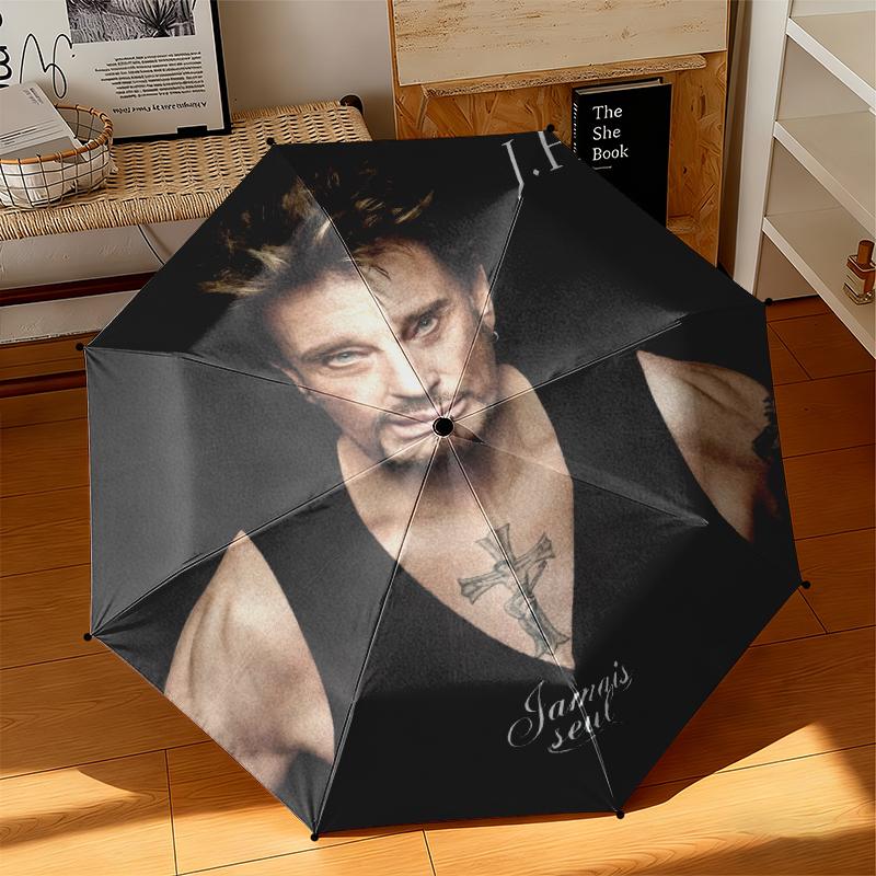 1pc French rock legend Johnny Hallyday Umbrella Portable Folding Umbrella Iron Frame Hole Bone Structure Outdoor Home Umbrella