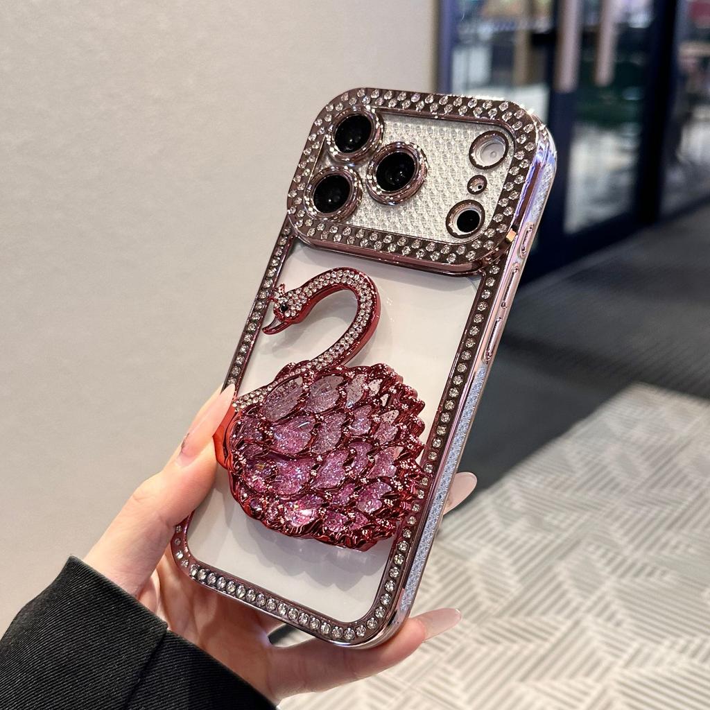17PRO/17AIR Diamond-encrusted Electroplating Shell + Swan Quicksand Bracket for 17PROMAX Mobile Phone Case Luxury Cartoon