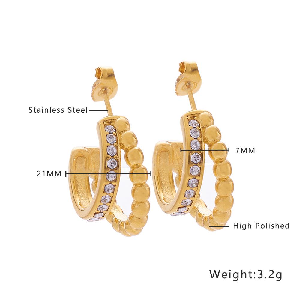 18K Gold Plated C-Shaped Twisted Stainless Steel Earrings with Inlaid Diamonds - High-end Titanium Steel Accessories