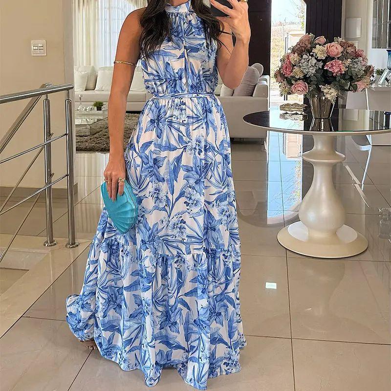 

Spring and Autumn New Women Fashion Temperament Print Hanging Neck Leader Dress Blue XL