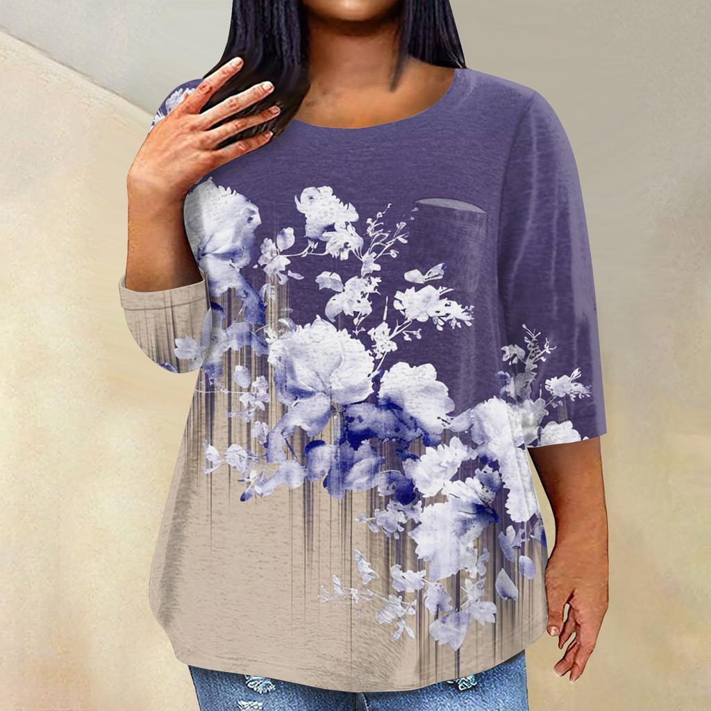 Women's Fashionable Casual Three Quarter Sleeve Printed Round Neck Pullover Top