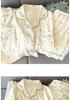 Women's Sweet Summer Pajama Set: Girly Gauze Short-Sleeve Top, Long Pants & Outerwear