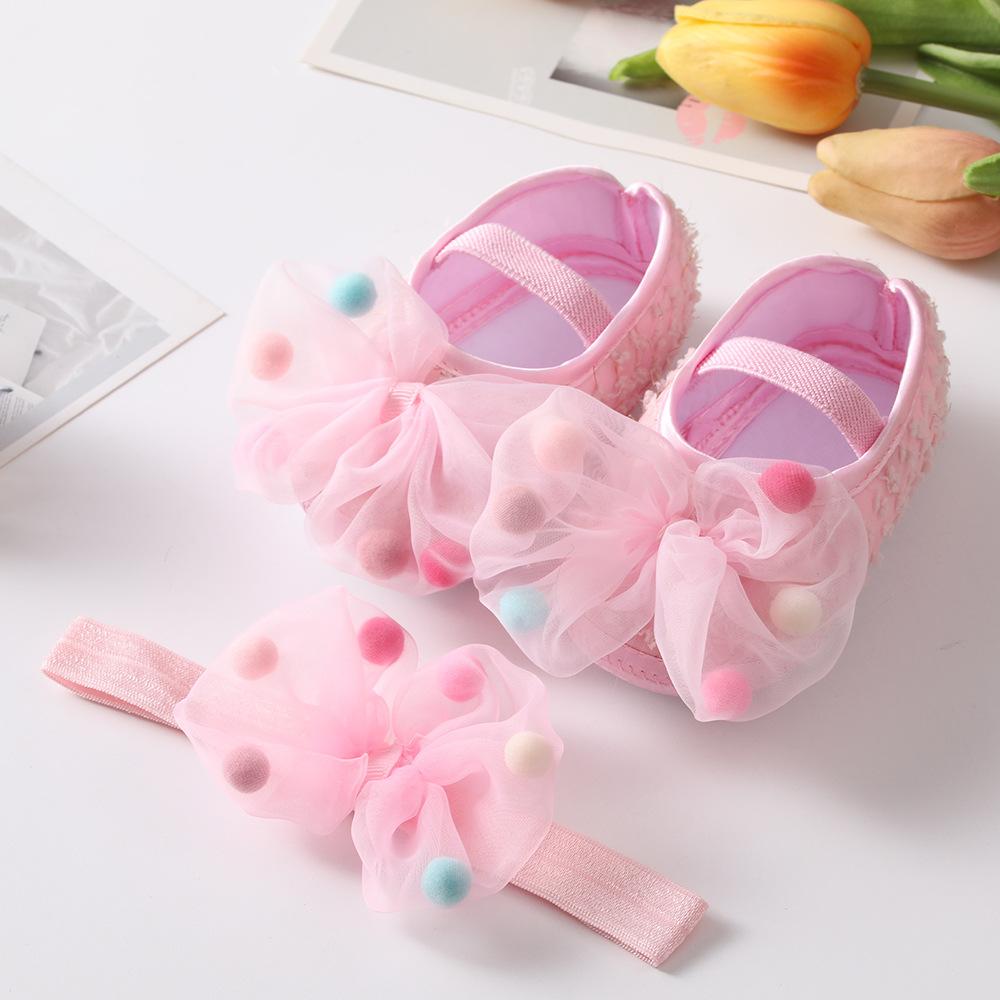 Wwo-piece Set Baby Girls Glitter Star Tulle Bow Crib Shoes & Matching Elastic Headband Set, Soft Dot Anti-Slip Sole Mary Jane Princess Shoes