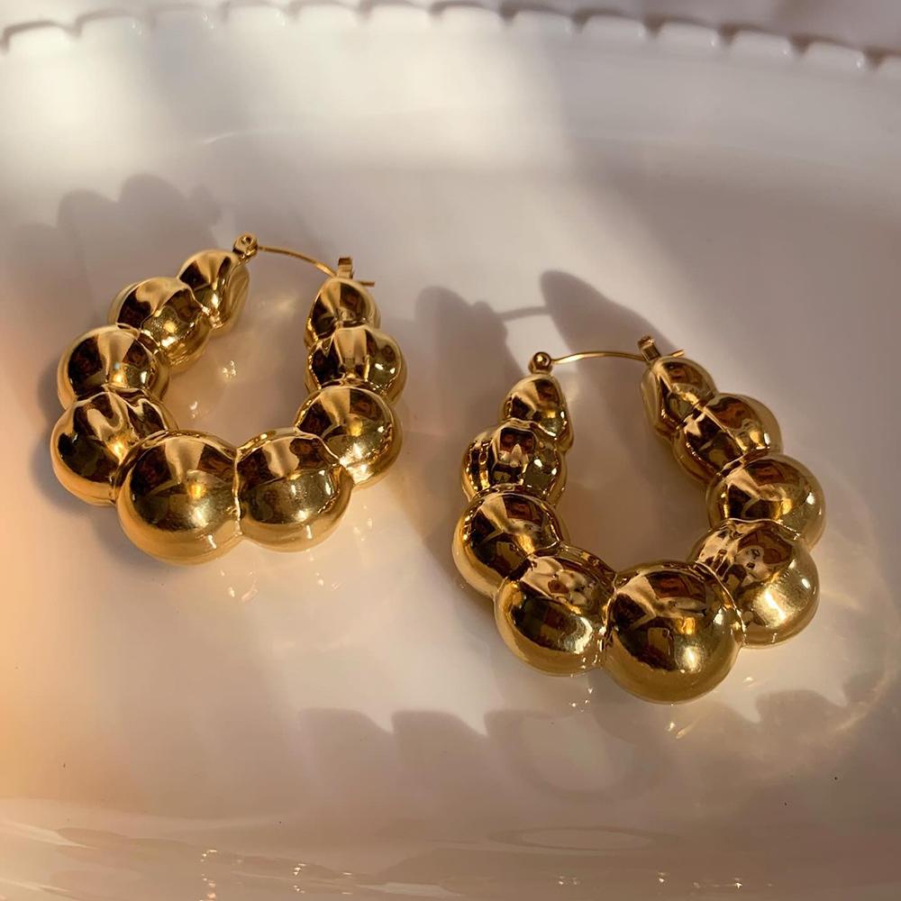 

Vintage Punk Gold Plated Large Round Beaded Chunky Hoop Earrings for Women Lightweight Stainless Steel Hoops Statement Zircon золотий