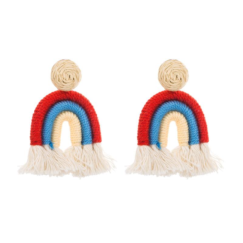 Women's Earrings Fresh Hand Woven Cotton Rope Tassel Earrings Sweet Lovely Rainbow Drop Earrings
