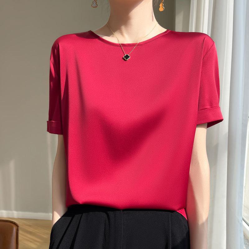 Women's Satin Short Sleeve T-Shirt Crew Neck Loose Plus Size Solid Color Basic Casual Summer Top