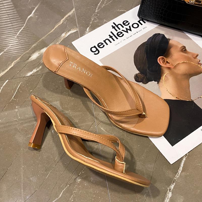 Fashion Square Toe Clip Sandals for Women 2025 Summer New High Heel Flip-flops Large Size Slim Heel Women's Outdoor Leather Slippers