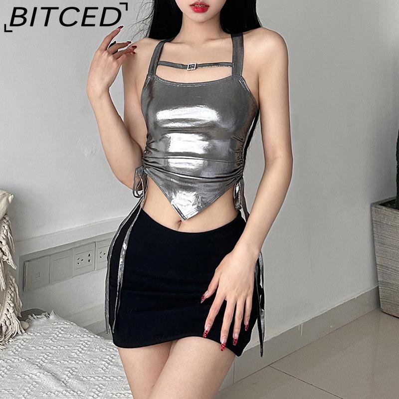 BITCED Spring/Summer Women's Solid-Colour Slim-Fit Fashion Strappy Drape-Detail Sexy Backless Tank Top